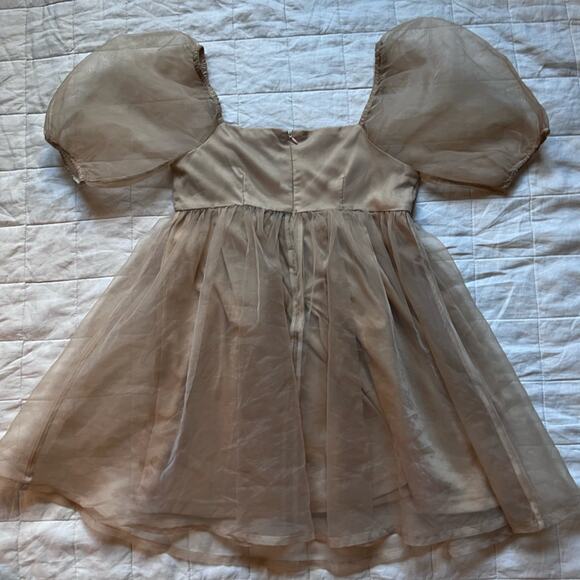 TCEC Tan / Champaign Chiffon Babydoll Mini Dress Ethereal Cottagecore Fairy -Med - Picture 2 of 10